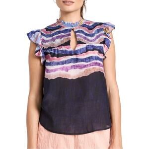 NWT Chufy Juni Cap Sleeve Stripe Tie Dye Smocked Top XS in Kaia Navy